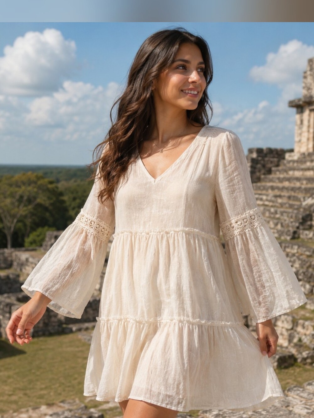 1XL Beige Boho Tiered Women's Dress with Bell Sleeves